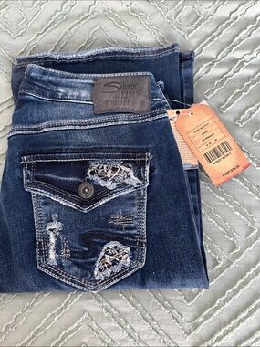 Silver Jeans Dark Blue Distressed Boot Cut Jeans